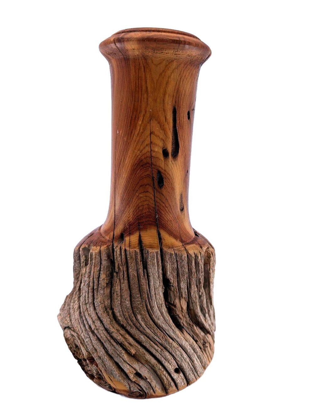 Vintage Artist Signed Hand Turned Root Wood Vase Natural Edge Studio Wood Art